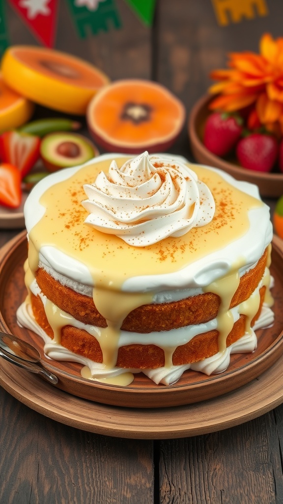 Decadent Tres Leches Cake Recipe for a Sweet Ending Tres Leches Cake topped with whipped cream and cinnamon, displayed on a wooden table with decorations.